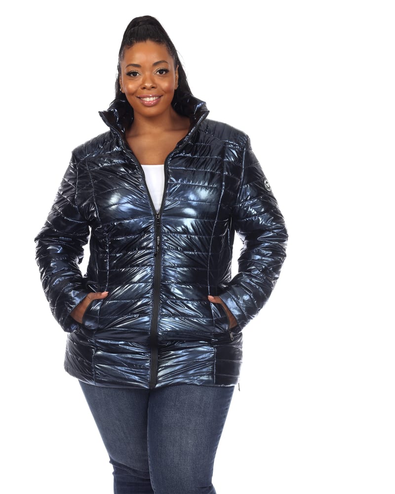 Front of a model wearing a size 1X Metallic Puffer Coat in Blue by White Mark. | dia_product_style_image_id:247180